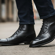 Men's Black Leather Button Boots - Ankle Design - model-walking-street