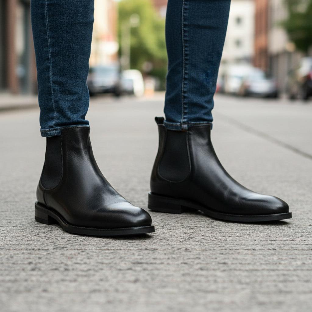Men's Black Leather Chelsea Boots - model-walking-street