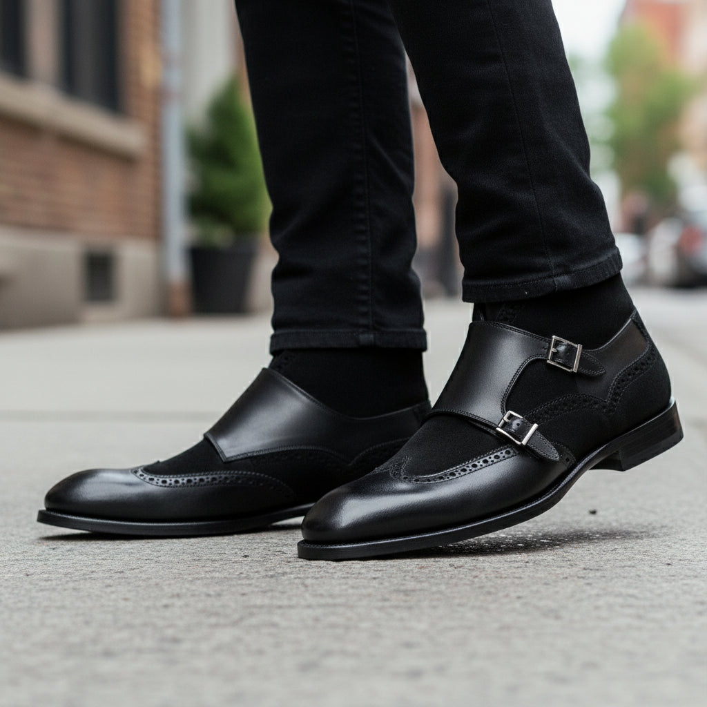 Men's Black Leather Monk Strap Chukka Boots - model-walking-street