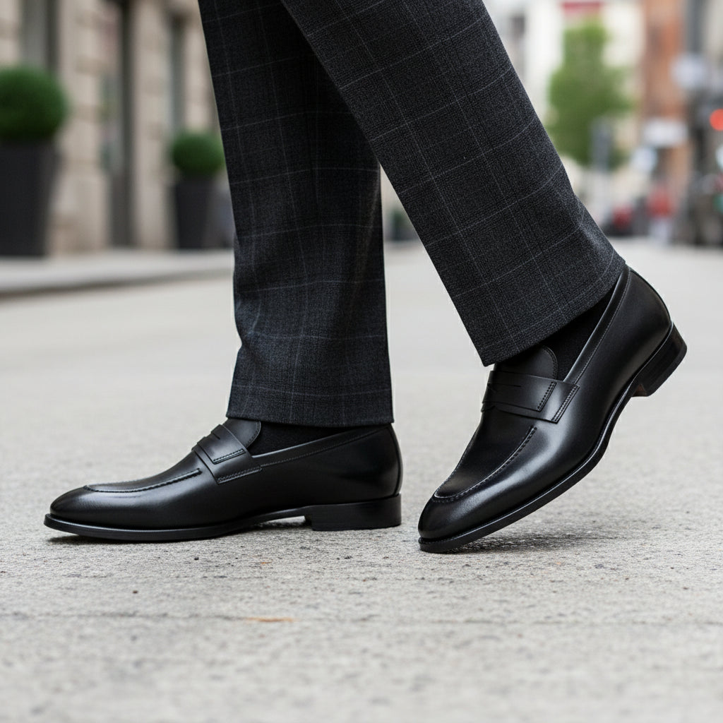 Men's Black Leather Tuxedo Shoes for Formal Events - model-walking-street