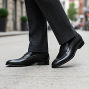 Men's Black Leather Tuxedo Shoes for Formal Events - model-walking-street