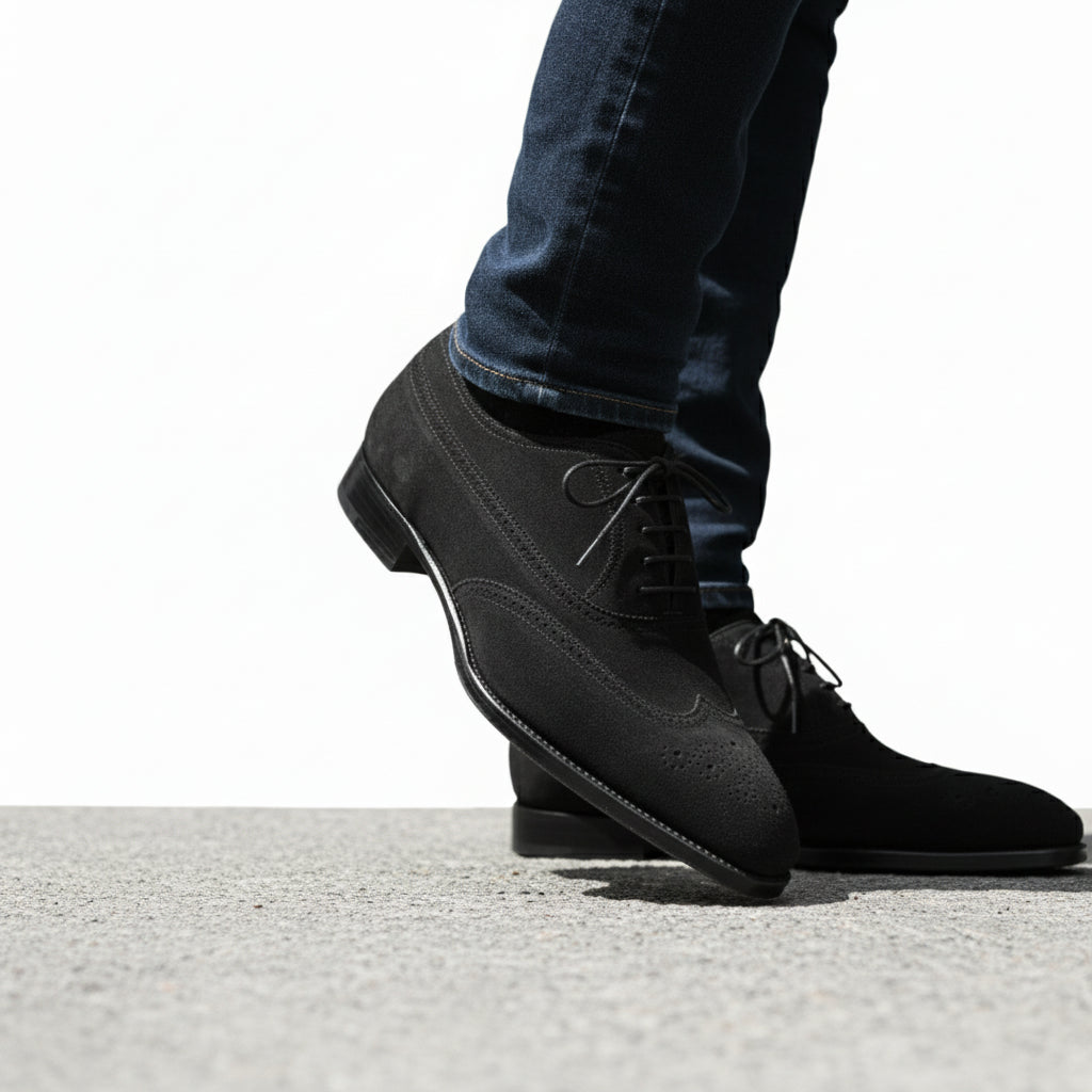 Men's Black Suede Wingtip Dress Shoes - model-walking-street