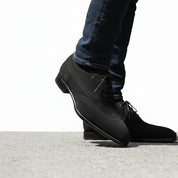 Men's Black Suede Wingtip Dress Shoes - model-walking-street