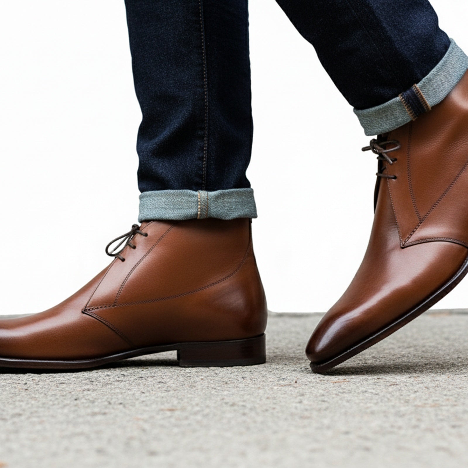 Men's Brown Leather Ankle Boots - Chukka Style - model-walking-street