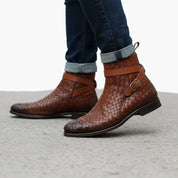 Brown Leather Ankle Boots with Chitai Mat Pattern - model-walking-street