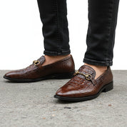 Brown Alligator Texture Moccasin Leather Shoes - model-walking-street
