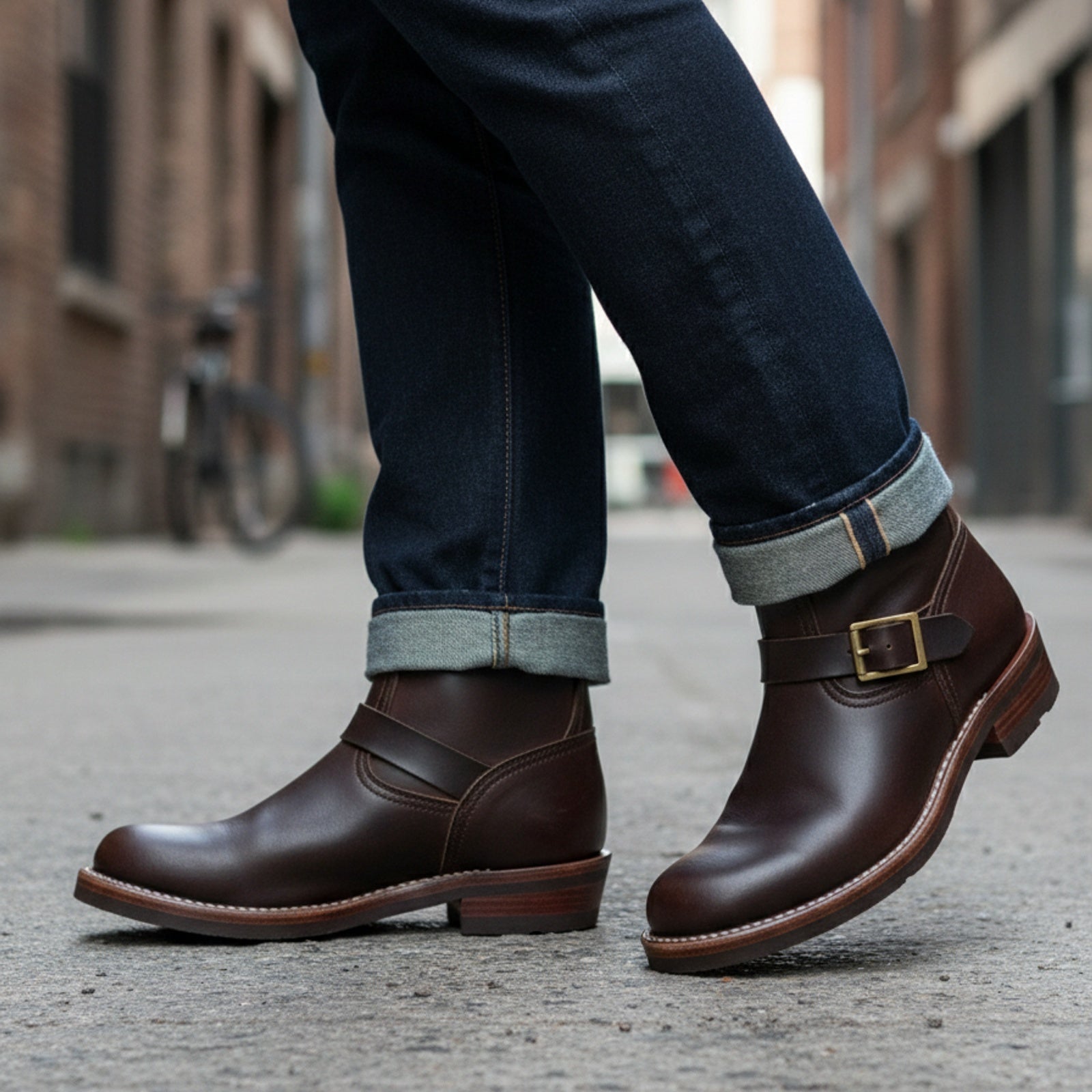 Men's Maroon Leather Work Boots - model-walking-street