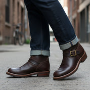 Men's Maroon Leather Work Boots - model-walking-street