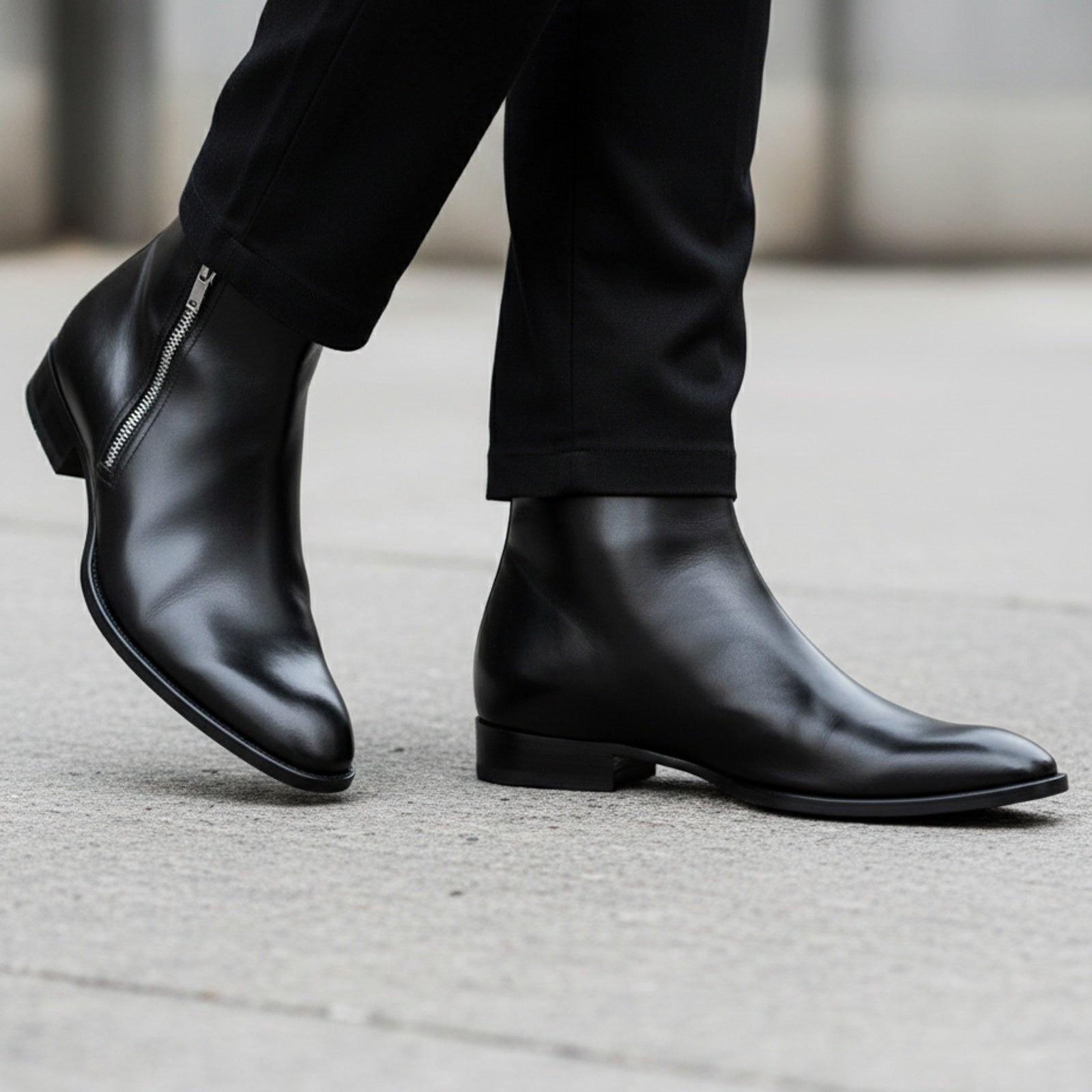 Men's Black Leather Chelsea Boots with Side Zipper - model-walking-street