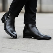 Men's Black Leather Chelsea Boots with Side Zipper - model-walking-street
