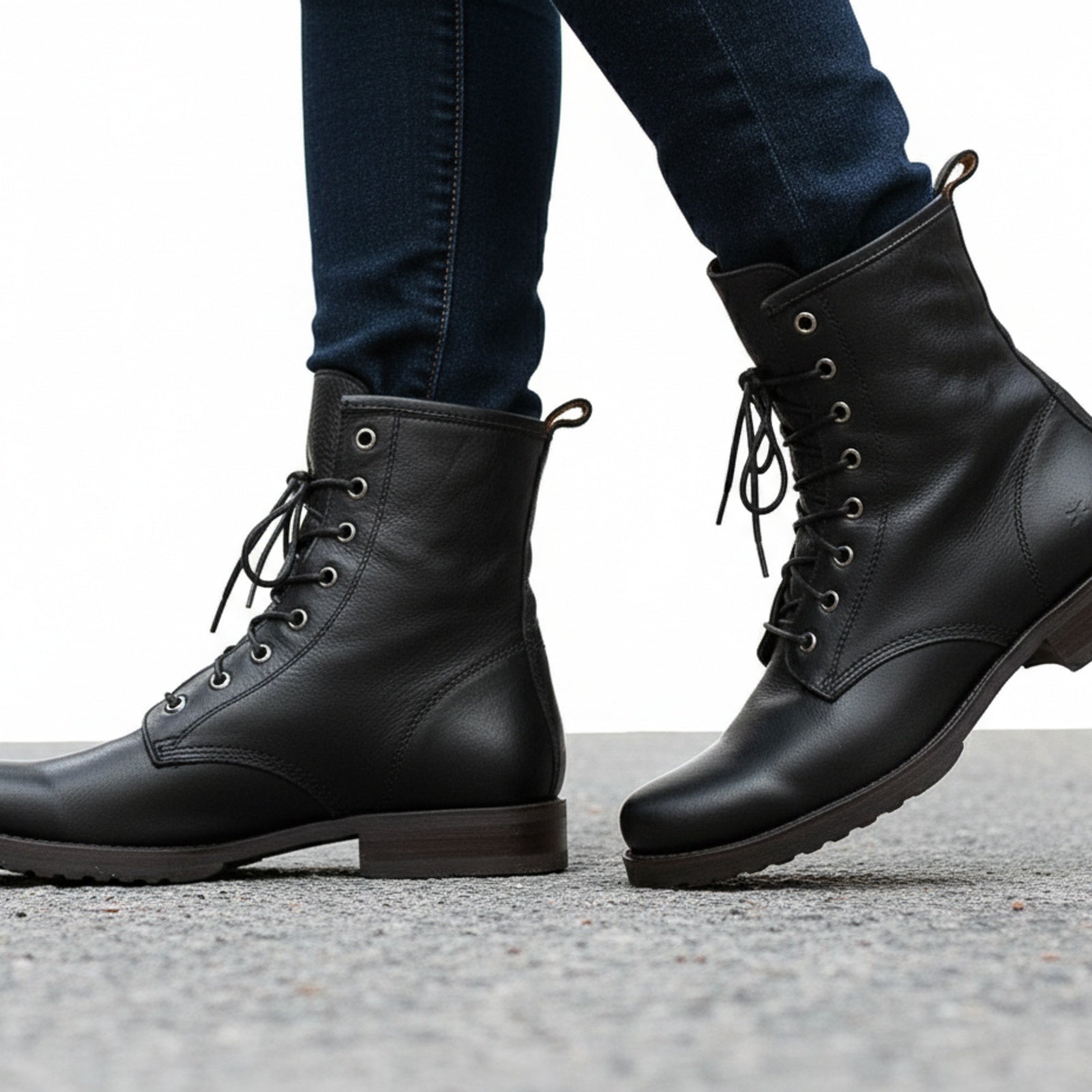 Men's Handmade Black Leather Combat Boots with Lace-Up Design - model-walking-street