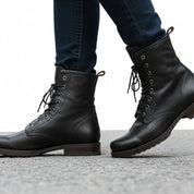Men's Handmade Black Leather Combat Boots with Lace-Up Design - model-walking-street