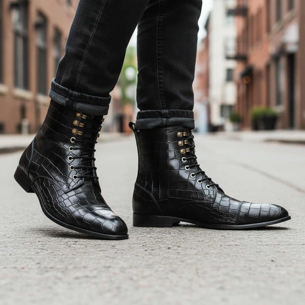 Men's Black Crocodile Leather Lace-Up Boots - model-walking-street