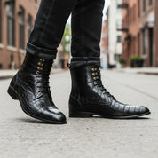 Men's Black Crocodile Leather Lace-Up Boots - model-walking-street