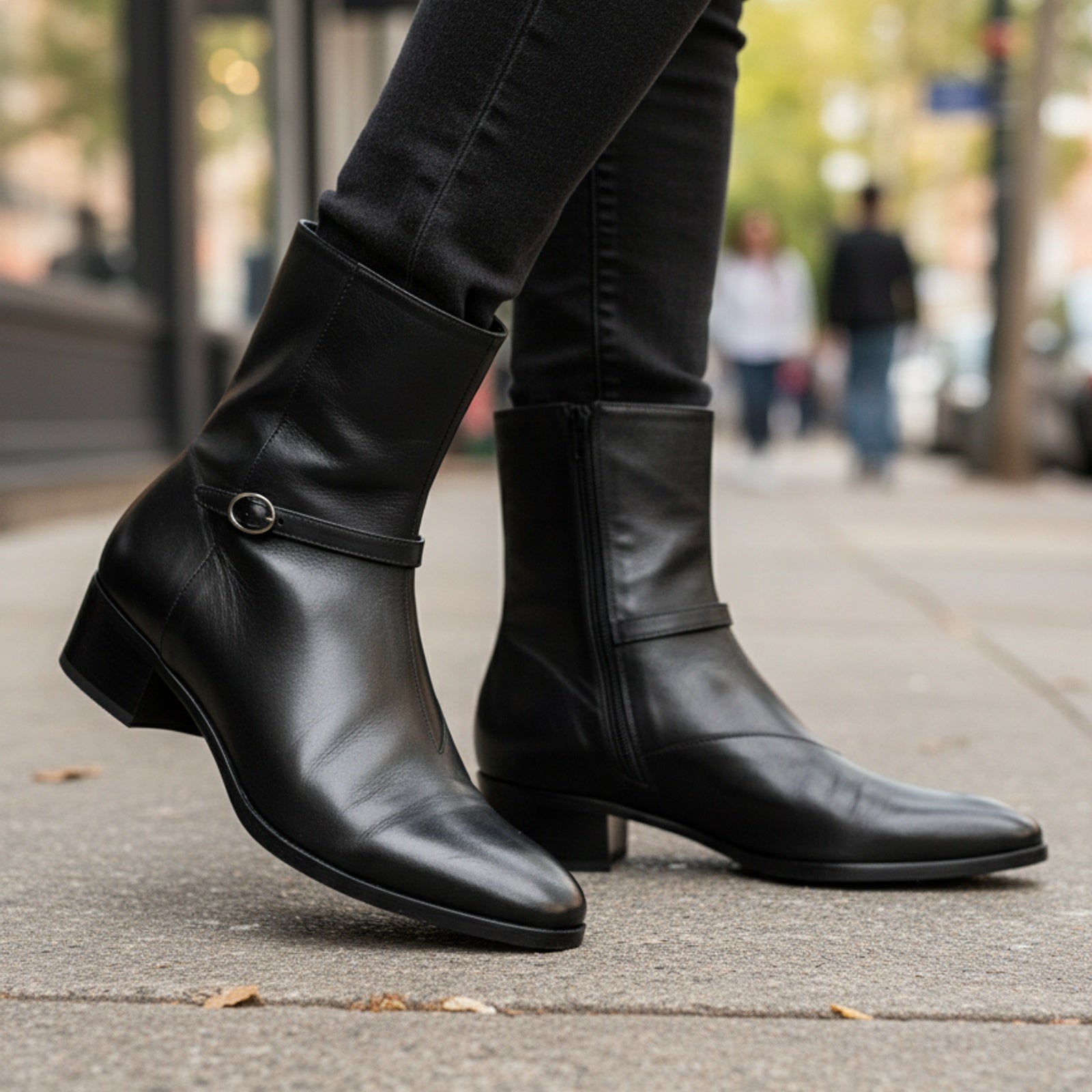 Men's Black Leather High-Heel Zipper Boots - model-walking-street