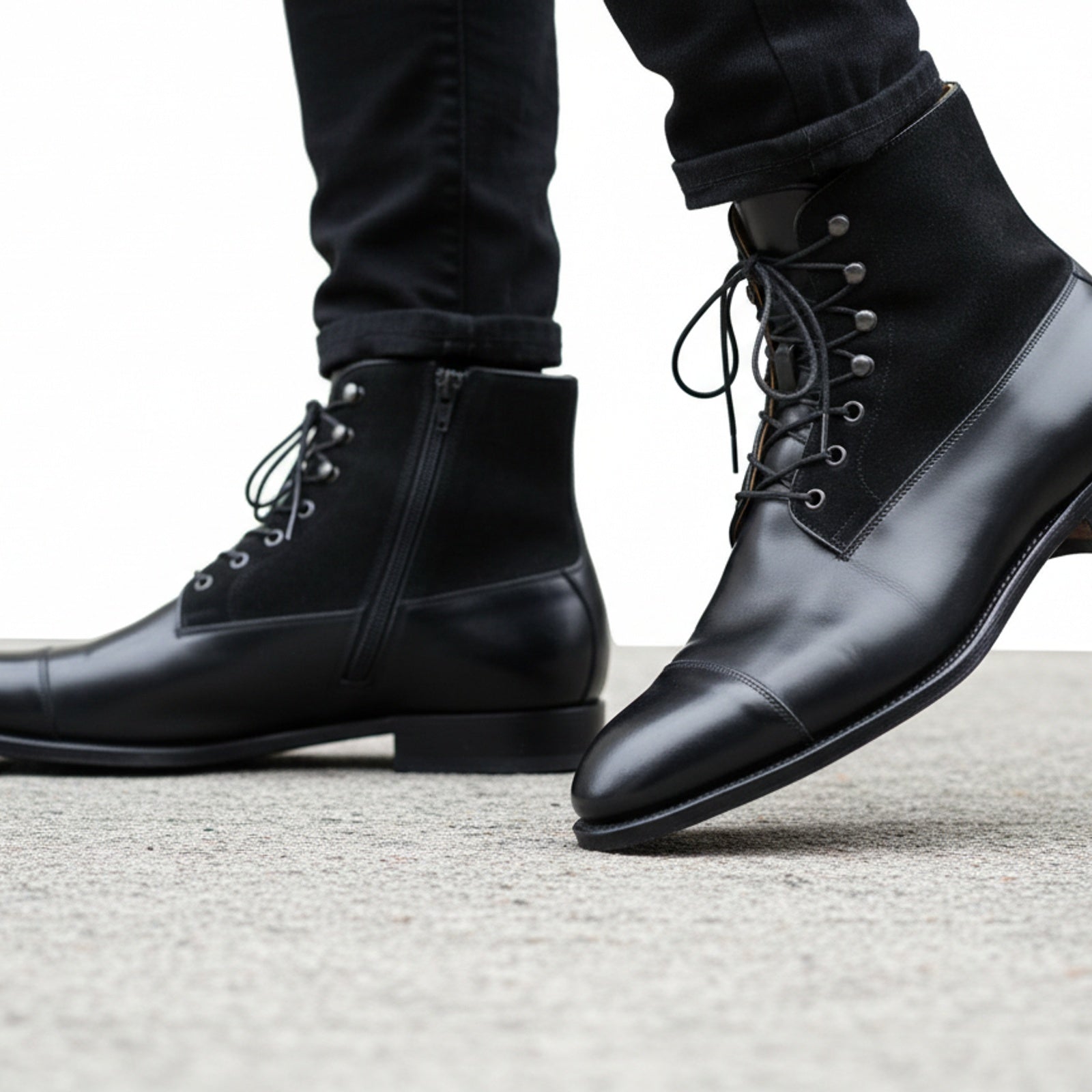 Men's Black Leather Ankle Boots with Cap Toe - model-walking-street