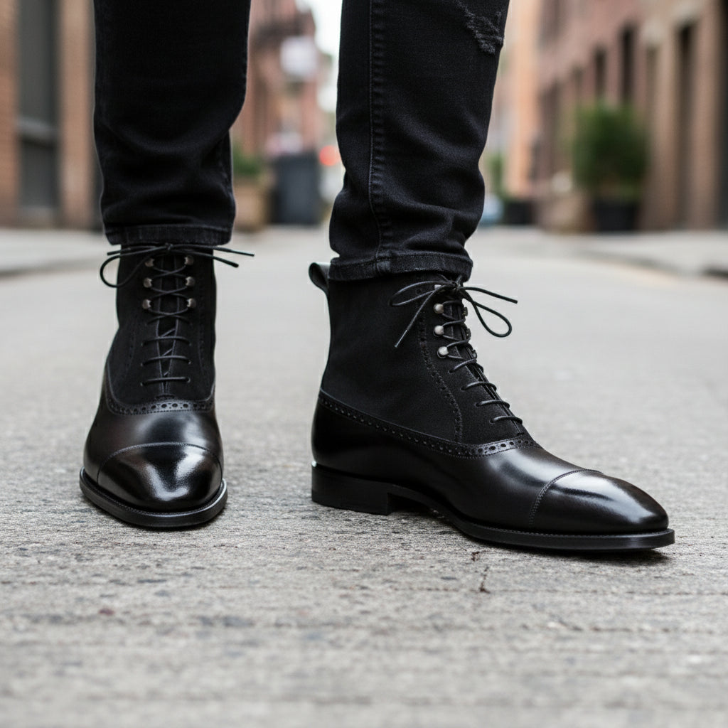 Men's Black Lace-Up Dress Boots in Genuine Leather & Suede - model-walking-street