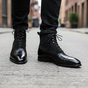 Men's Black Lace-Up Dress Boots in Genuine Leather & Suede - model-walking-street