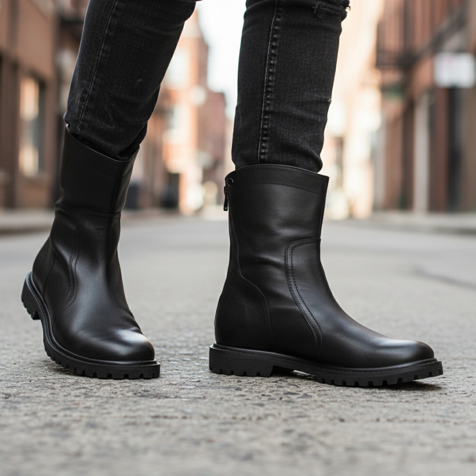 Men's Black Leather Back Zip Boots - model-walking-street