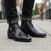 Men's Handmade Black Leather Boots with Side Zipper & Monk Strap - model-walking-street