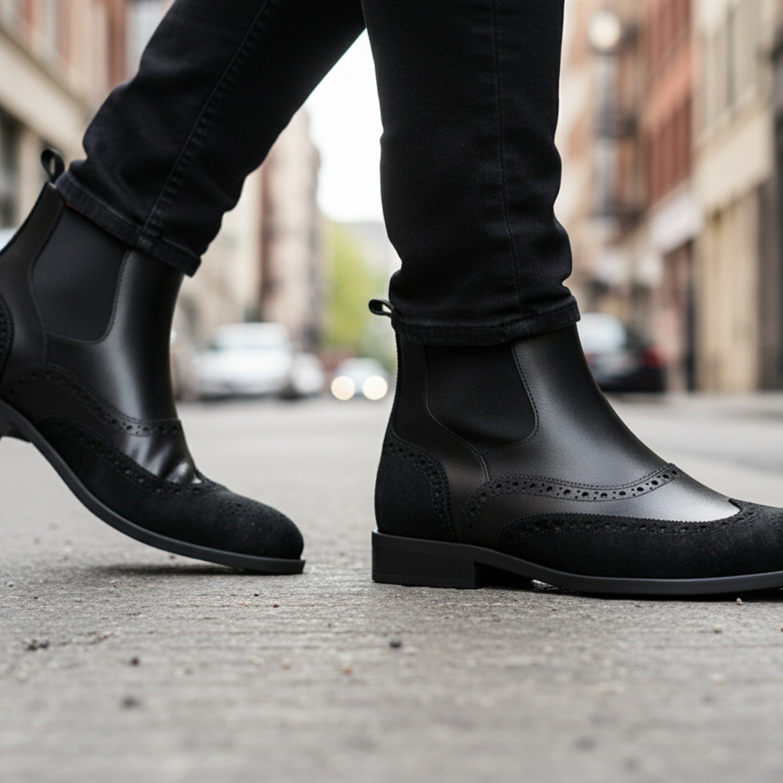 Men's Black Leather Chelsea Boots - model-walking-street
