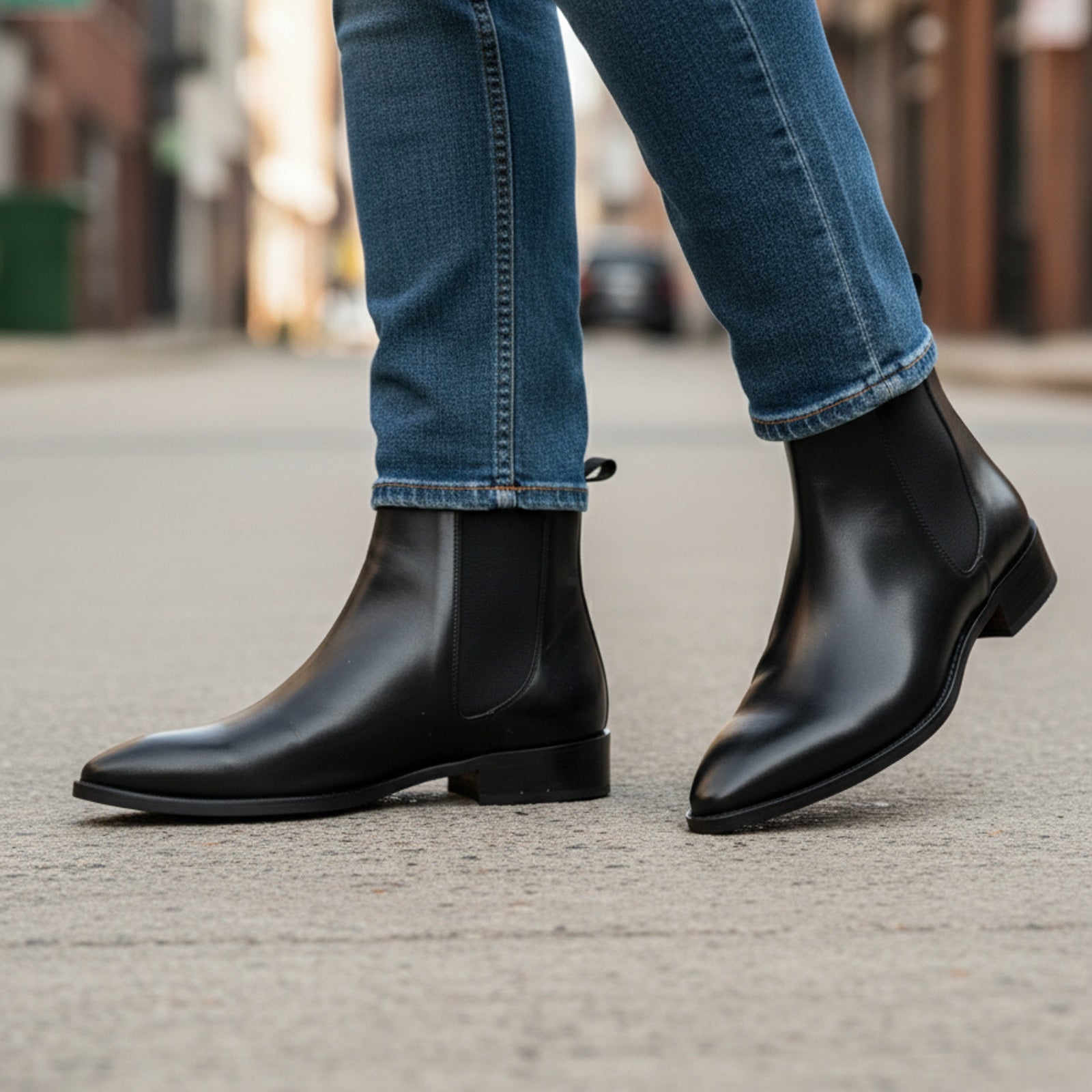 Men's Black Leather Pointed Toe Chelsea Boots - model-walking-street