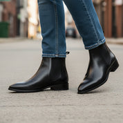 Men's Black Leather Pointed Toe Chelsea Boots - model-walking-street