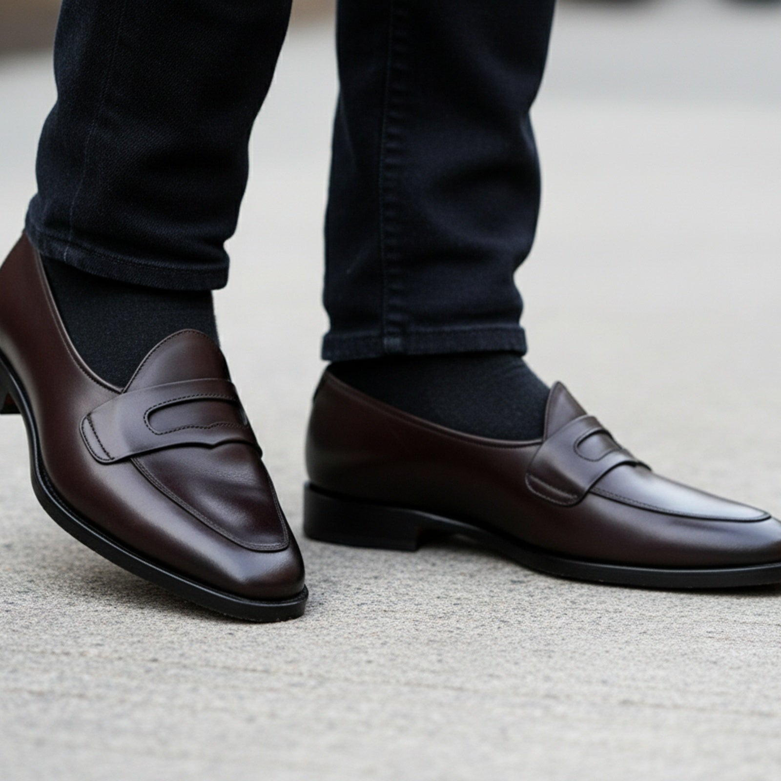 Men's Black Leather Moccasins - model-walking-street