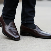 Men's Black Leather Moccasins - model-walking-street
