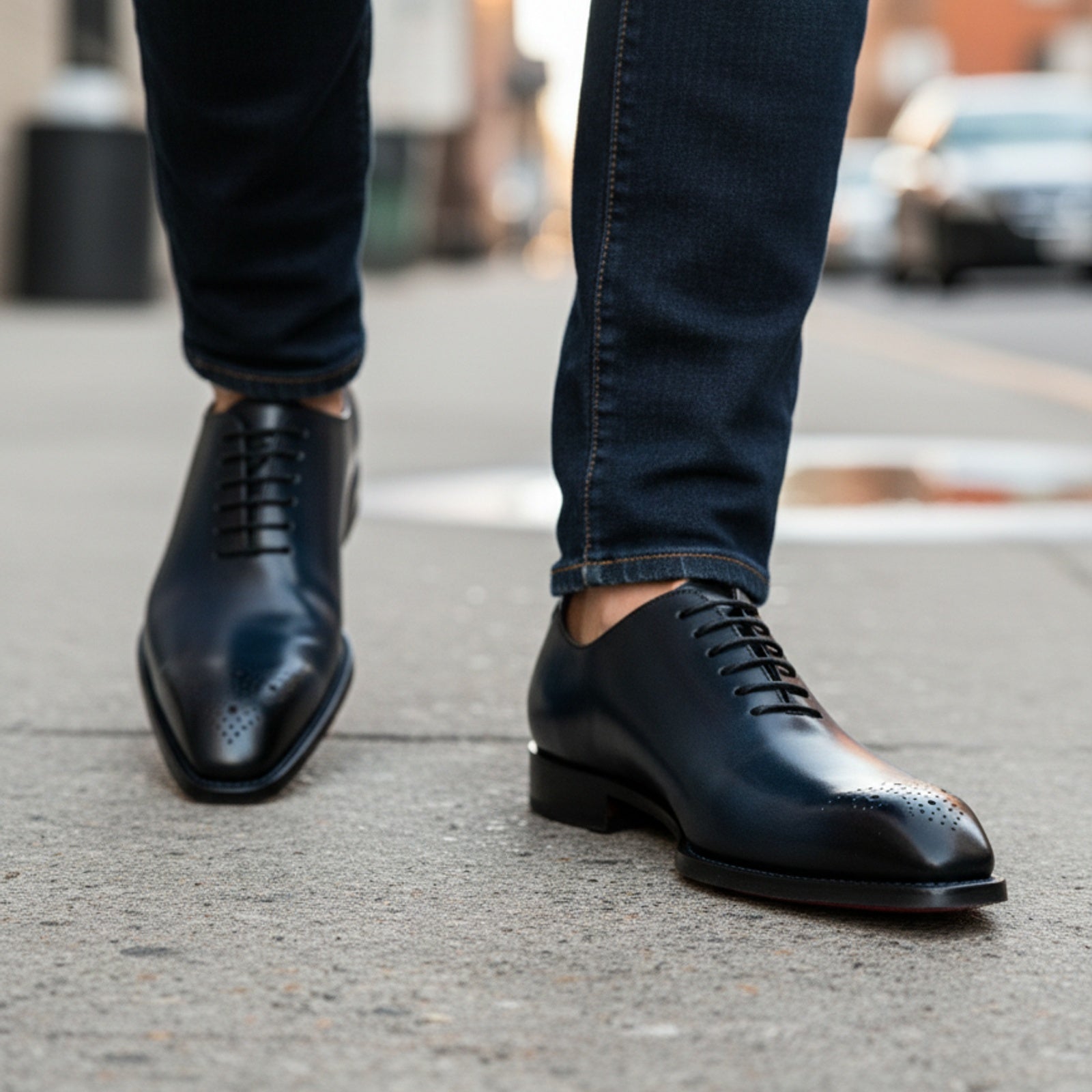 Men's Black Leather Tuxedo Shoes - model-walking-street