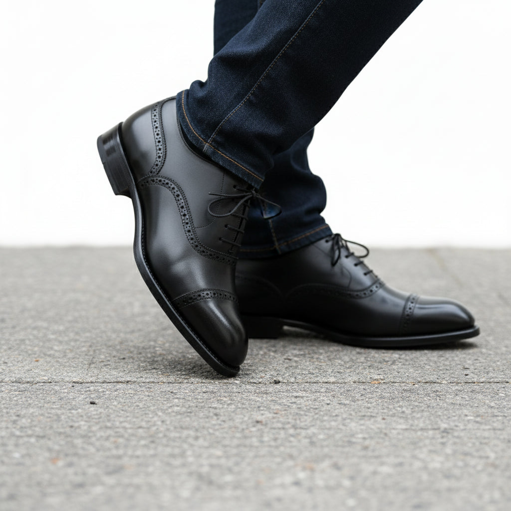 Men's Black Leather Brogue Oxford Shoes - model-walking-street