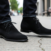 Men's Handmade Black Suede Chukka Boots with Luxurious Craftsmanship - model-walking-street