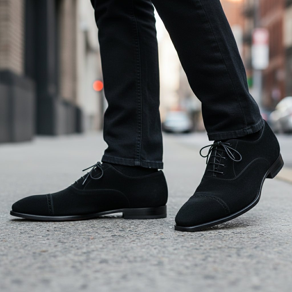 Men's Black Suede Oxford Dress Shoes - model-walking-street