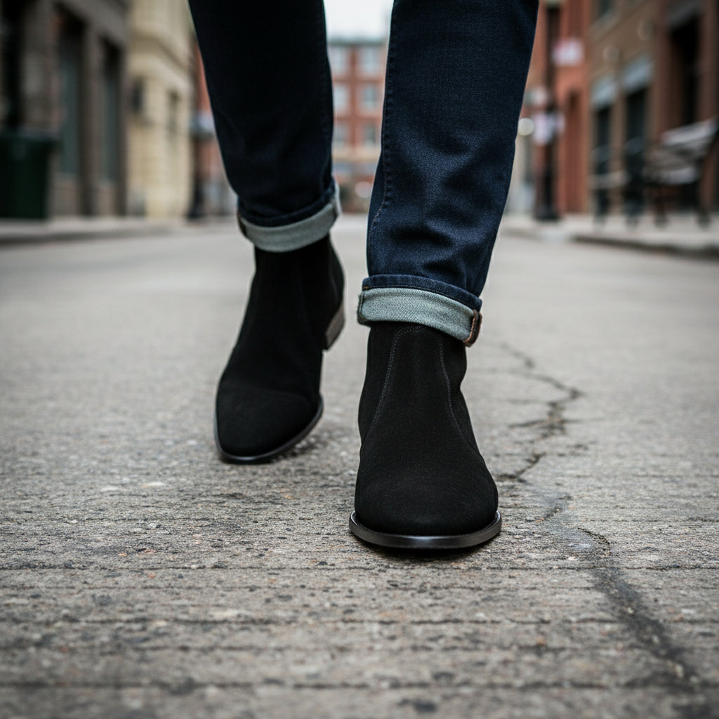 Men's Black Suede Zipper Boots - model-walking-street