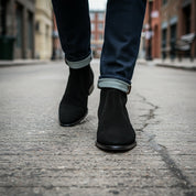 Men's Black Suede Zipper Boots - model-walking-street