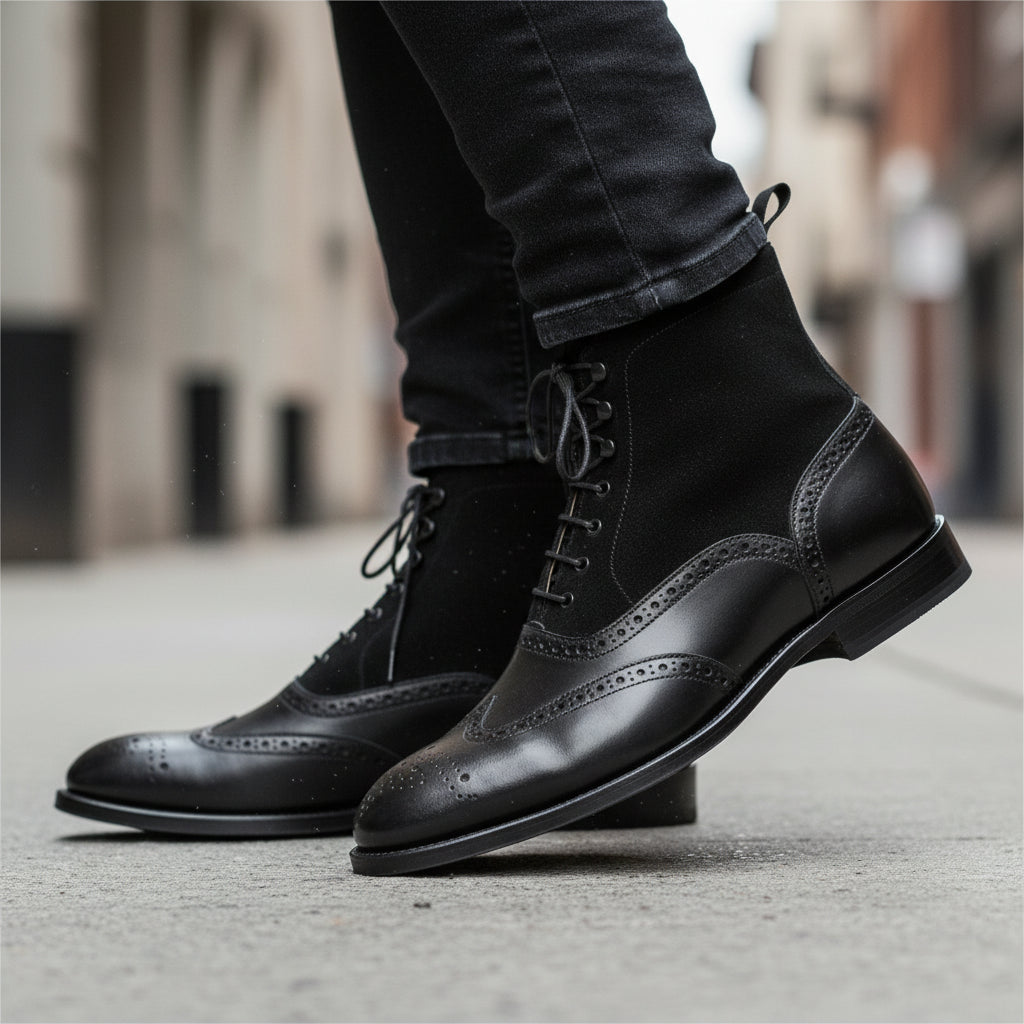Men's Black Leather Wingtip Brogue Boots - model-walking-street