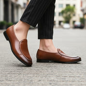 Men's Brown Leather Loafers - model-walking-street