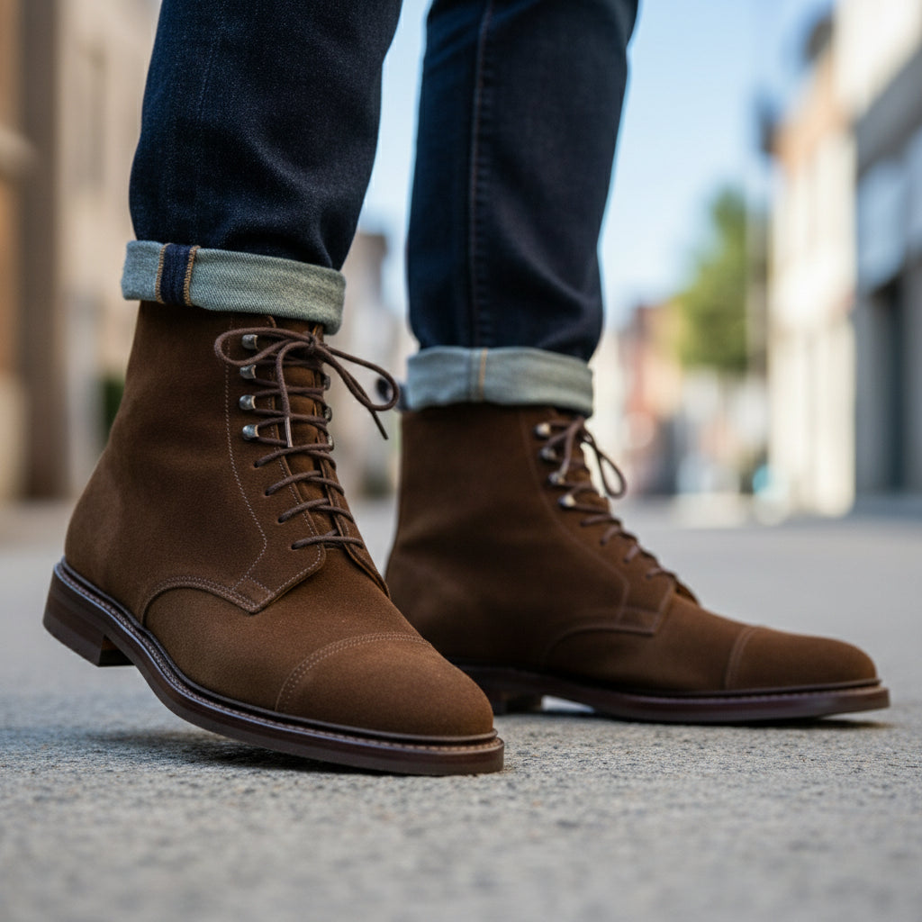 Men's Brown Suede Lace-Up Ankle Boots - model-walking-street