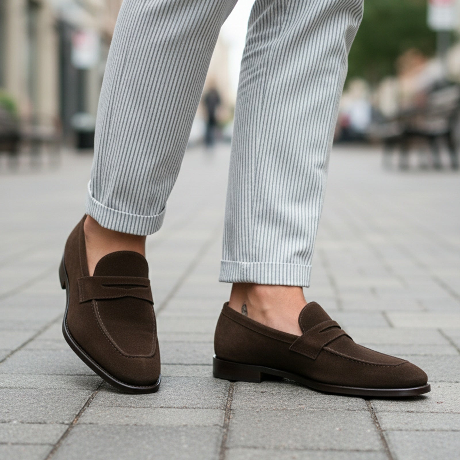 Men's Brown Suede Moccasin Loafers - model-walking-street