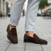 Men's Brown Suede Moccasin Loafers - model-walking-street