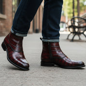 Men's Burgundy Crocodile Leather Zipper Boots - model-walking-street