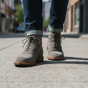 Men's Gray Suede Dress Boots with Lace-up Closure - model-walking-street