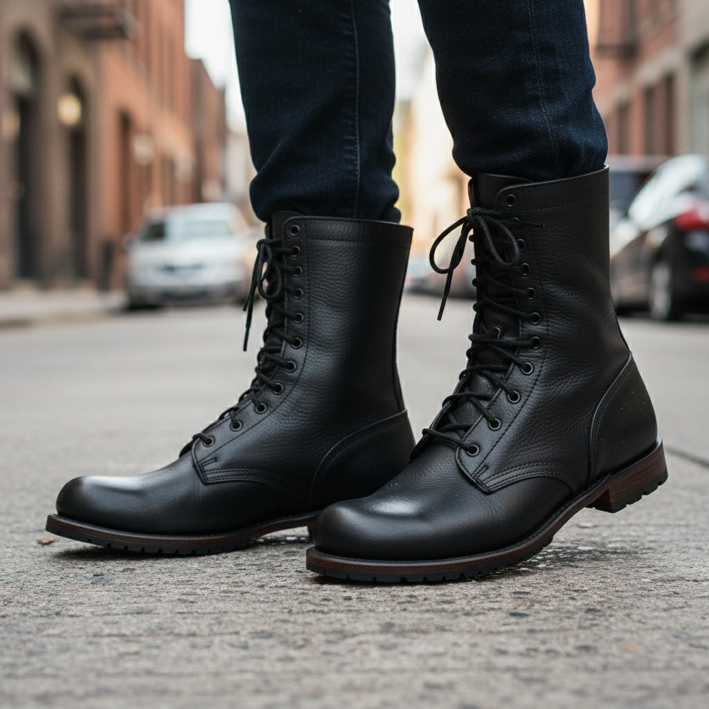Men's Black Punk Combat Leather Boots - model-walking-street