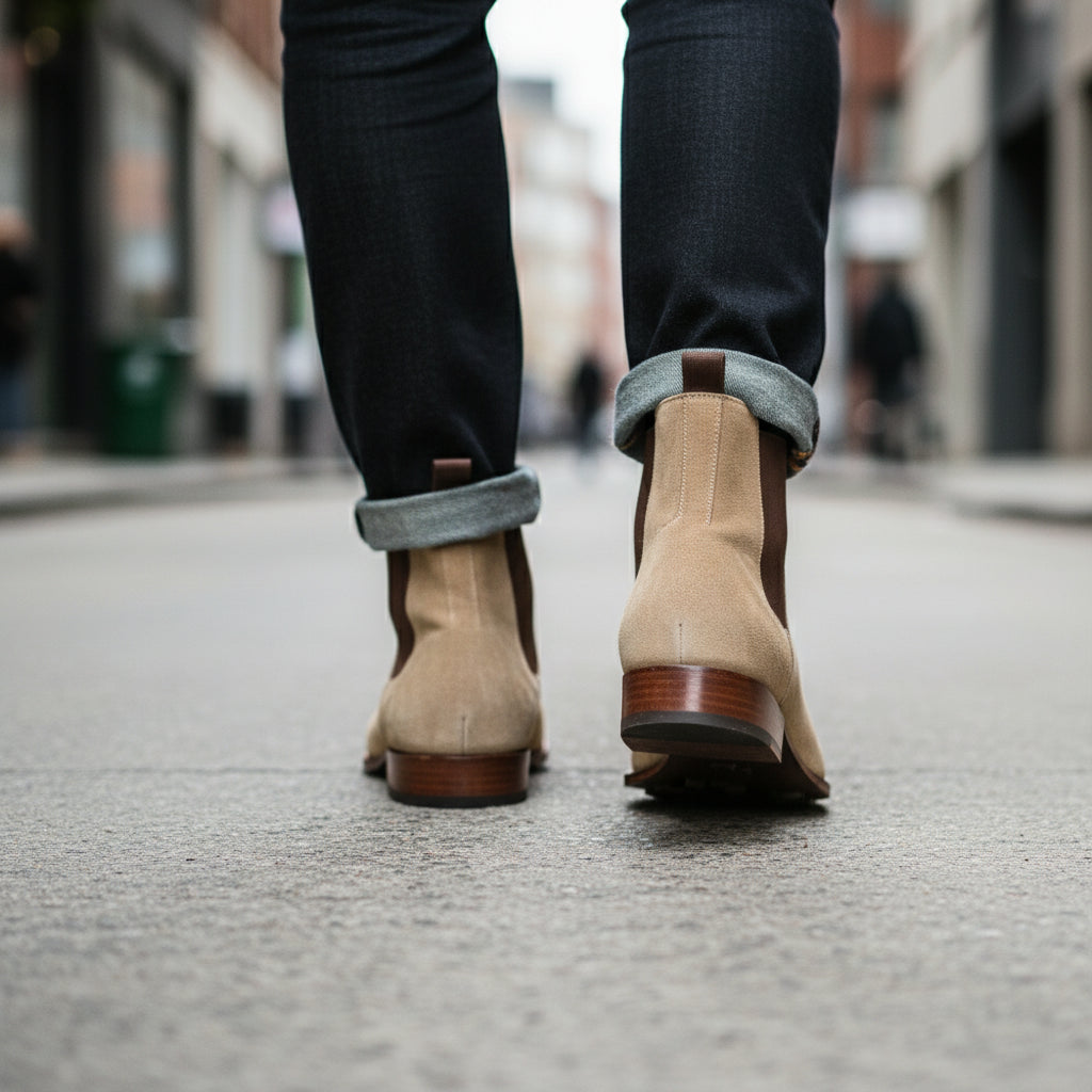 Men's Beige Suede Chelsea Ankle Boots - model-walking-street