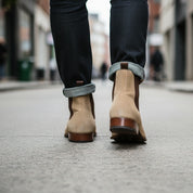 Men's Beige Suede Chelsea Ankle Boots - model-walking-street