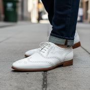 Men's White Leather Wingtip Brogue Dress Shoes - model-walking-street