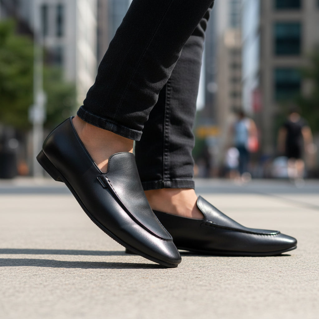 Men's Cow Leather Slip-On Loafers - model-walking-street