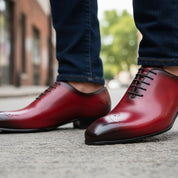 Men's Red Leather Brogue Dress Shoes - model-walking-street