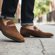 Men's Brown Suede Penny Loafers - model-walking-street