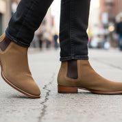 Men's Tan Suede Chelsea Ankle Boots - model-walking-street